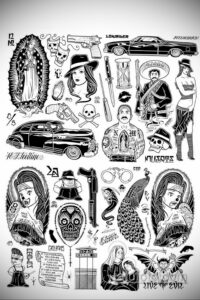 Коллаж из эскизов татуировок в стиле Old School. Черепа, розы, пистолеты, корабли и другие классические элементы с яркими цветами.