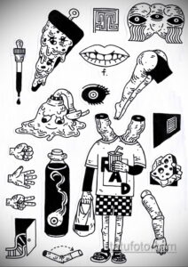 Коллекция эскизов тату в стиле doodle с сюрреалистичными элементами: пицца, глаза, руки, лица и другие необычные объекты. Идеально для тех, кто любит эксперименты.