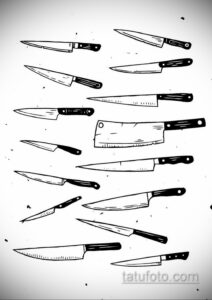 Коллекция эскизов тату с изображением различных ножей: кухонных, складных, охотничьих. Идеально для тех, кто ценит острые ощущения и силу.