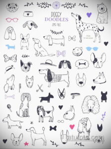 Коллекция эскизов тату с изображением различных пород собак в стиле doodle. Идеально для любителей животных и минималистичных татуировок.