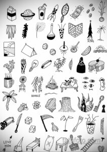 Коллаж из множества мелких doodle татуировок: еда, предметы, животные, символы. Идеально для минималистичных и креативных рисунков.