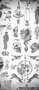 Черно-белый эскиз татуировки в стиле Old School с изображением различных персонажей и символов: клоунов, драконов, сердец и других. Яркий и провокационный дизайн.