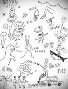 Коллаж из черно-белых тату-эскизов, выполненных в стиле doodle. Изображения включают в себя персонажей, предметы и надписи, создающие хаотичную и юмористическую композицию.