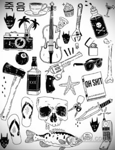 Фотография с набором эскизов татуировок в стиле doodle, изображающих различные объекты, такие как музыкальные инструменты, еда, черепа и другие. Черно-белые рисунки.