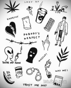 Фото тату: набор эскизов в стиле stick-and-poke с изображением различных символов, надписей и рисунков, выполненных в минималистичном стиле.