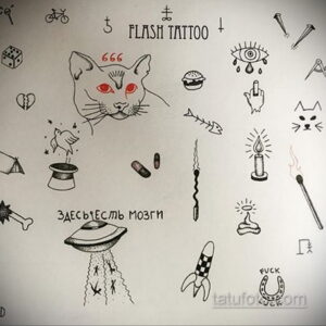 Коллаж из эскизов flash tattoo: кошка, сердце, череп, НЛО и другие символы в ярких цветах и дерзком стиле.