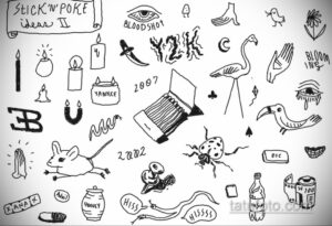 Коллаж из минималистичных тату-эскизов, выполненных в технике stick and poke: свечи, животные, растения и другие символы.