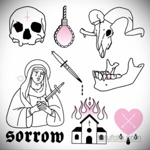 Черно-белое фото тату с черепом, плачущей девой, кинжалом, горящим домом и другими символами скорби и трагедии. Эскиз татуировки для любителей темных мотивов.