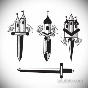Черно-белый эскиз татуировки в стиле Blackwork с изображением трех замков, стилизованных под клинки, и одного традиционного меча.