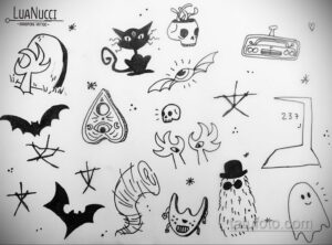 Черно-белый набор эскизов татуировок в стиле Handpoke, включающий изображения черепов, кошек, привидений, глаз и других мистических символов.