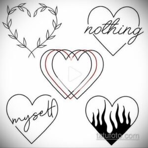 Черно-белый набор эскизов татуировок, изображающих сердца, надписи 'nothing' и 'myself', а также сердце в огне.