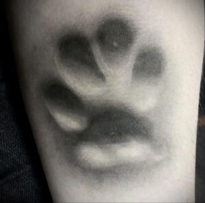Фото тату: реалистичный отпечаток лапы животного, выполненный в оттенках серого. Небольшой рисунок татуировки, идеально подходит для любителей животных.