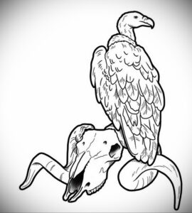 Черно-белый эскиз татуировки с изображением ворона, сидящего на черепе барана. Детализированный рисунок для вдохновения.
