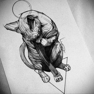 Фото тату кота в стиле line art. Кот изображен в позе свернувшегося клубка, над головой - нимб.