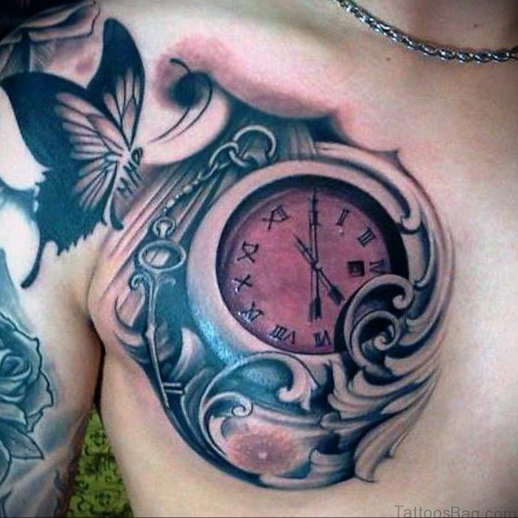 Фото тату часы на груди 17.01.2021 № 0019 -clock tattoo on chest-tatufoto.c...