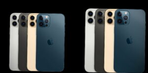 Фотография смартфонов iPhone 12 в различных цветовых вариантах: черный, белый, золотой и синий.