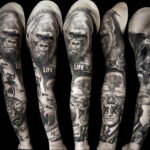 Фото тату на всю руку с изображением реалистичной гориллы, надписями 'Nature' и 'Life', а также элементами, символизирующими разрушение и надежду.