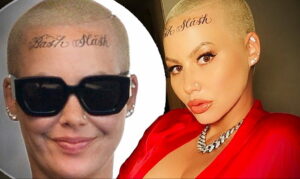 Коллаж из двух фотографий Amber Rose с татуировкой 'Slash Slash' на лбу. На одной фотографии она в черных очках, на другой – без них.