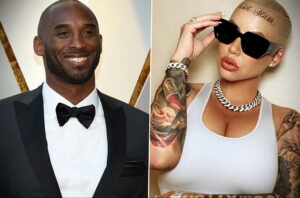 Коллаж из двух фотографий: Kobe Bryant в смокинге и Amber Rose с татуировкой 'Slash Slash' на лбу и татуировками на руке.