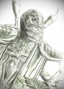 Графический эскиз татуировки персонажа Sub-Zero из Mortal Kombat. Черно-белый рисунок с детализированной проработкой лица и костюма.