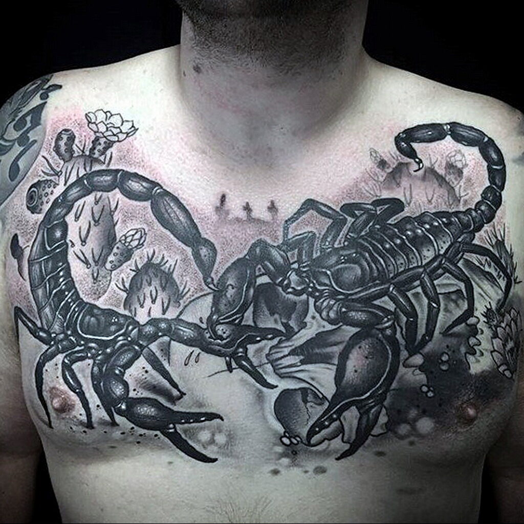Фото Тату скорпион на груди 16.01.2021 №0001 -scorpion tattoo on chest- tatufoto.com