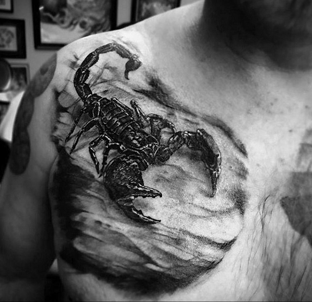 Фото Тату скорпион на груди 16.01.2021 №0051 -scorpion tattoo on chest- tatufoto.com