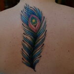 Фото тату пера павлина на спине. Красивый рисунок татуировки с использованием ярких цветов и детализированной прорисовки.