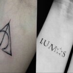 Фото тату с символикой Гарри Поттера: Дары Смерти и заклинания 'Lumos' и 'Nox' на запястьях.