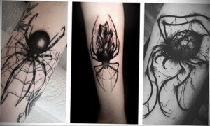 Фото тату: коллаж из трех изображений татуировок пауков, выполненных в реалистичном стиле. Детализированные рисунки татуировок пауков на руке.