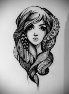 Фото тату: портрет девушки, выполненный в технике line work. Черно-белый рисунок с детальной проработкой волос и лица.