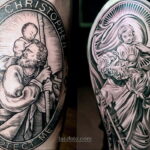 Фото тату Святого Кристофера, несущего младенца Иисуса. Рисунок выполнен в классическом стиле с использованием черных линий и точечной техники.