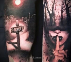 Фото тату: две татуировки на руке - кладбище с надписью 'Lust' и соблазнительные губы, шепчущие секрет. Черно-серые татуировки с детальной проработкой.