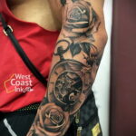 Фото тату рукав с часами 17.01.2021 №0026 -clock sleeve tattoo-tatufoto.com