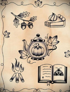 Черно-белый эскиз татуировки с изображением чайника, тыквы, костра, книги и осенних листьев. Уютный и атмосферный рисунок татуировки.