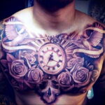 Фото тату часы на груди 17.01.2021 №0002 -clock tattoo on chest-tatufoto.com