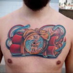 Фото тату часы на груди 17.01.2021 №0053 -clock tattoo on chest-tatufoto.com