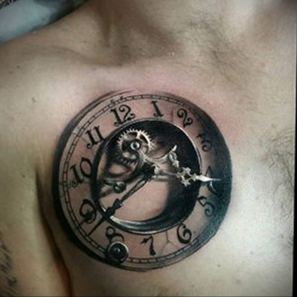 Фото тату часы на груди 17.01.2021 №0059 -clock tattoo on chest-tatufoto.com