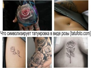 Коллаж из нескольких фотографий татуировок с изображением роз в разных стилях и на разных частях тела. Черно-белые и цветные рисунки.