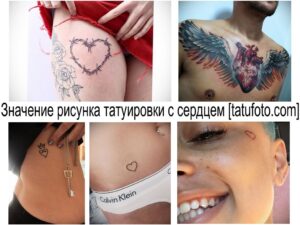 Коллаж из фотографий татуировок с сердцем: сердце с колючей проволокой, сердце с крыльями, сердце с ключом и простое сердце на коже.