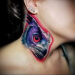 пример рисунка тату сова на шее 15.02.2021 №0029 - owl tattoo on neck - tatufoto.com