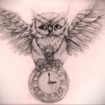 рисунок татуировки сова и часы 15.02.2021 №0004 - owl and clock tattoo- tatufoto.com