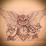рисунок татуировки сова и часы 15.02.2021 №0020 - owl and clock tattoo- tatufoto.com