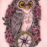 рисунок татуировки сова и часы 15.02.2021 №0027 - owl and clock tattoo- tatufoto.com