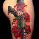 тату револьвер на ноге 16.02.2021 №0008 - revolver tattoo on leg - tatufoto.com
