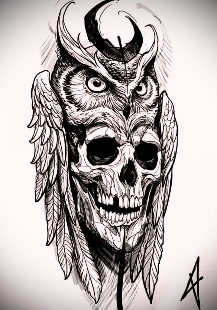 тату сова и череп пример рисунка 15.02.2021 №0038 - owl skull tattoo - tatufoto.com