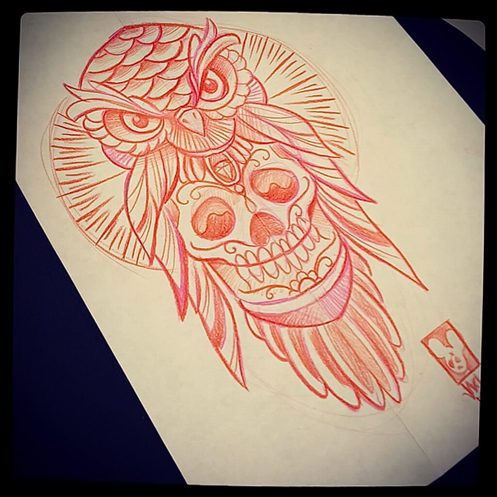 тату сова и череп пример рисунка 15.02.2021 №0058 - owl skull tattoo - tatufoto.com