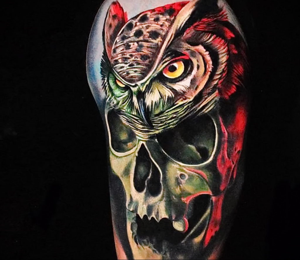 тату сова и череп пример рисунка 15.02.2021 №0069 - owl skull tattoo - tatufoto.com