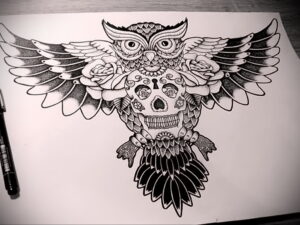 тату сова и череп пример рисунка 15.02.2021 №0082 - owl skull tattoo - tatufoto.com
