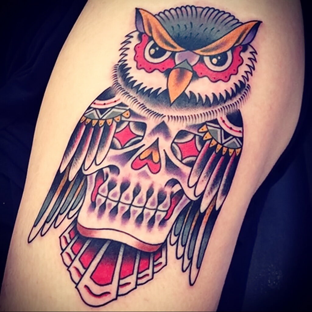 тату сова и череп пример рисунка 15.02.2021 №0129 - owl skull tattoo - tatufoto.com