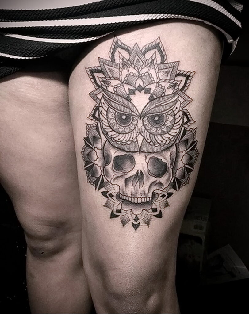 тату сова и череп пример рисунка 15.02.2021 №0150 - owl skull tattoo - tatufoto.com